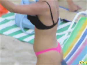 pink bikini first-timer without bra spycam Beach girls
